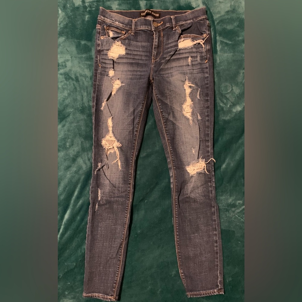 Express Dark Wash Distressed Skinny Jeans